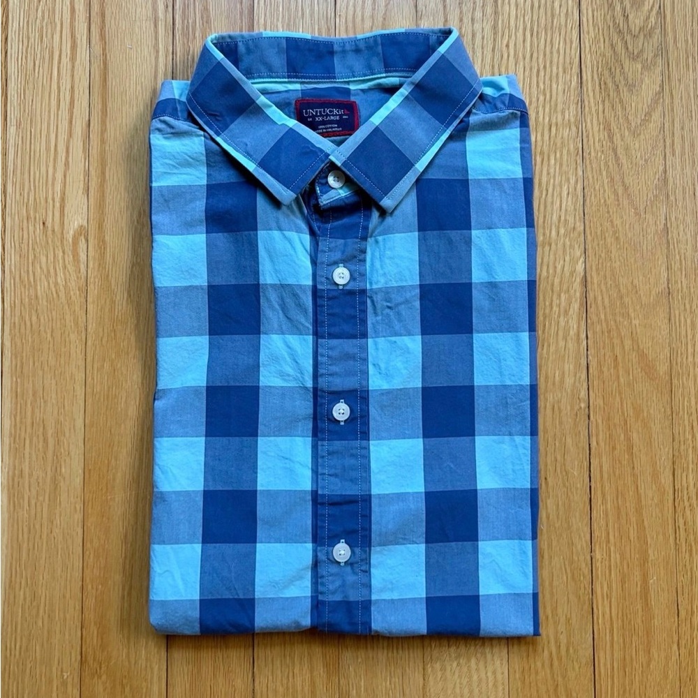 UNTUCKit Men’s Short Sleeve Dress Shirt Regular Fit Cotton 2XL Blue Checks